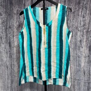 Ellen Tracy 100% Linen Vertical Stripe V-neck Tank Blouse Women Size Large